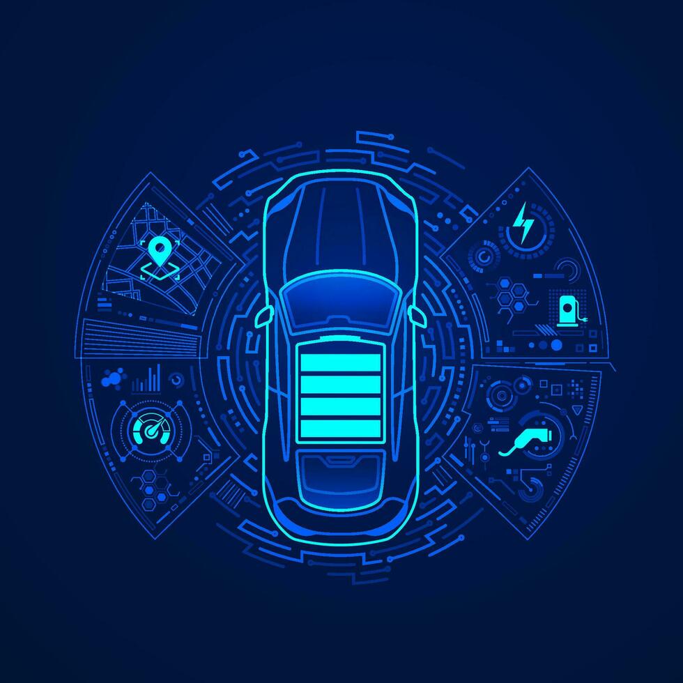 concept of EV or electriv vehicle technology, graphic of car presented by front view with futuristic interface vector
