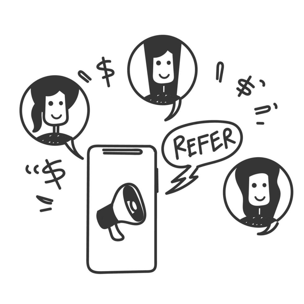 hand drawn doodle refer a friend and earn on mobile illustration vector