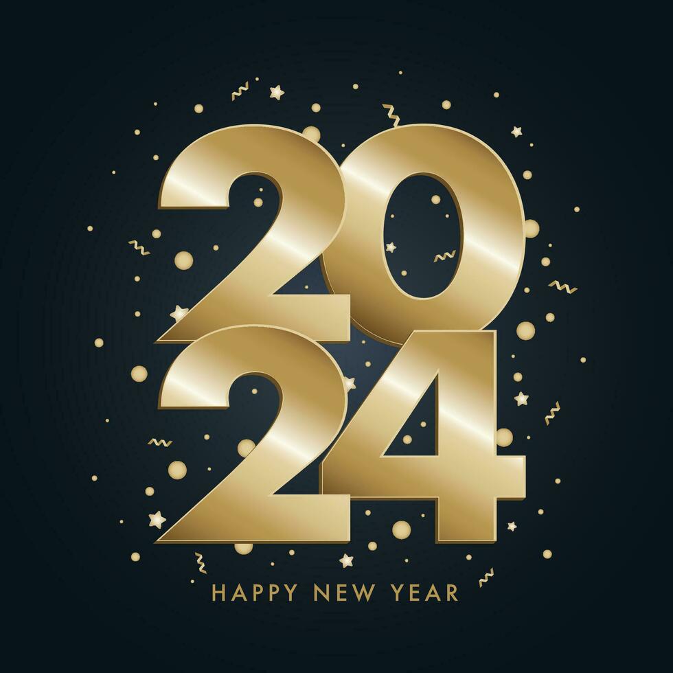 2024 golden numbers with festive confetti, stars and spiral ribbons on dark blue background. Vector holiday illustration. Happy New Year 2024. New year ornament.