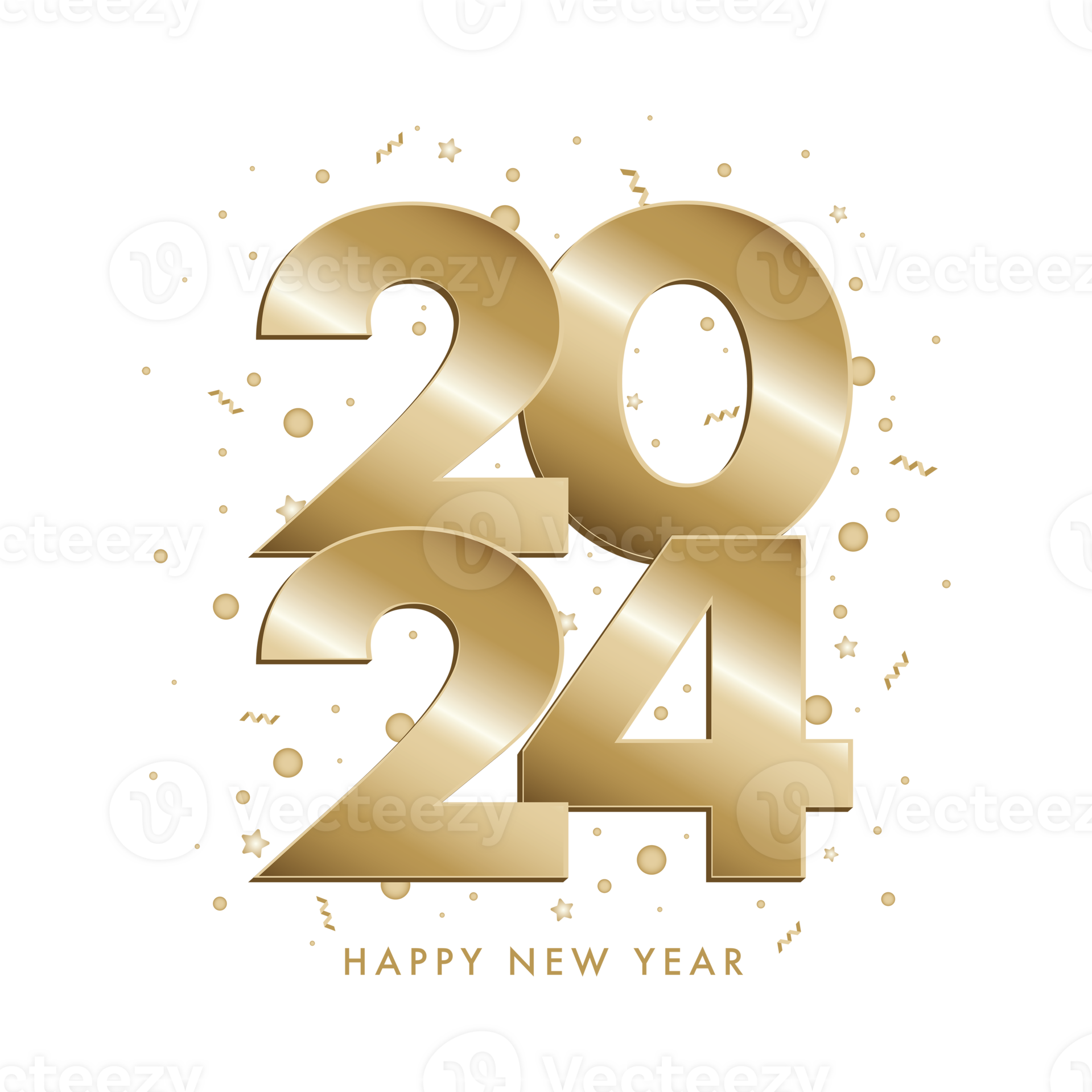 2024 golden numbers with festive confetti, stars and spiral ribbons