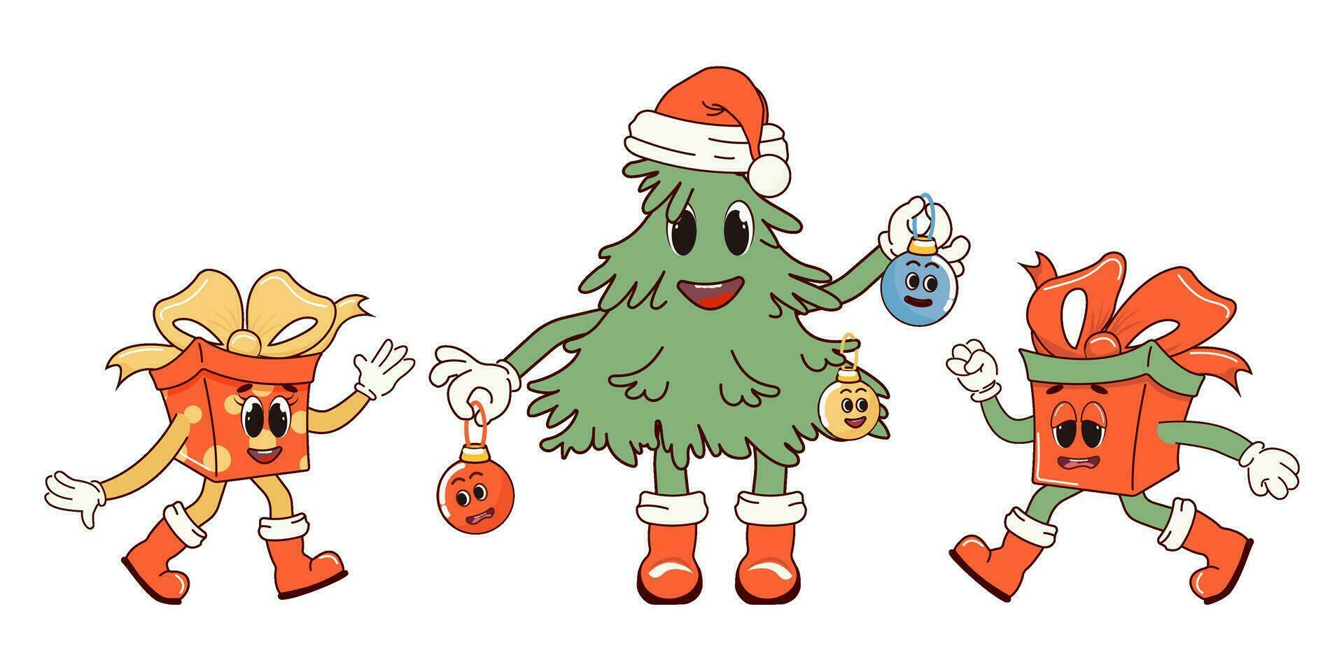 Navidad árbol y regalos corriendo hacia él. retro personaje en dibujos animados de moda maravilloso estilo. el atmósfera es desde el 60s y años 70 alegre Navidad y contento nuevo año. vector