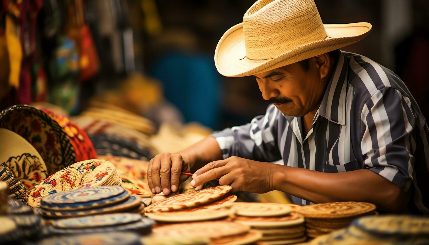 an old man in a hat is working on a string of yarn Ai Generated photo