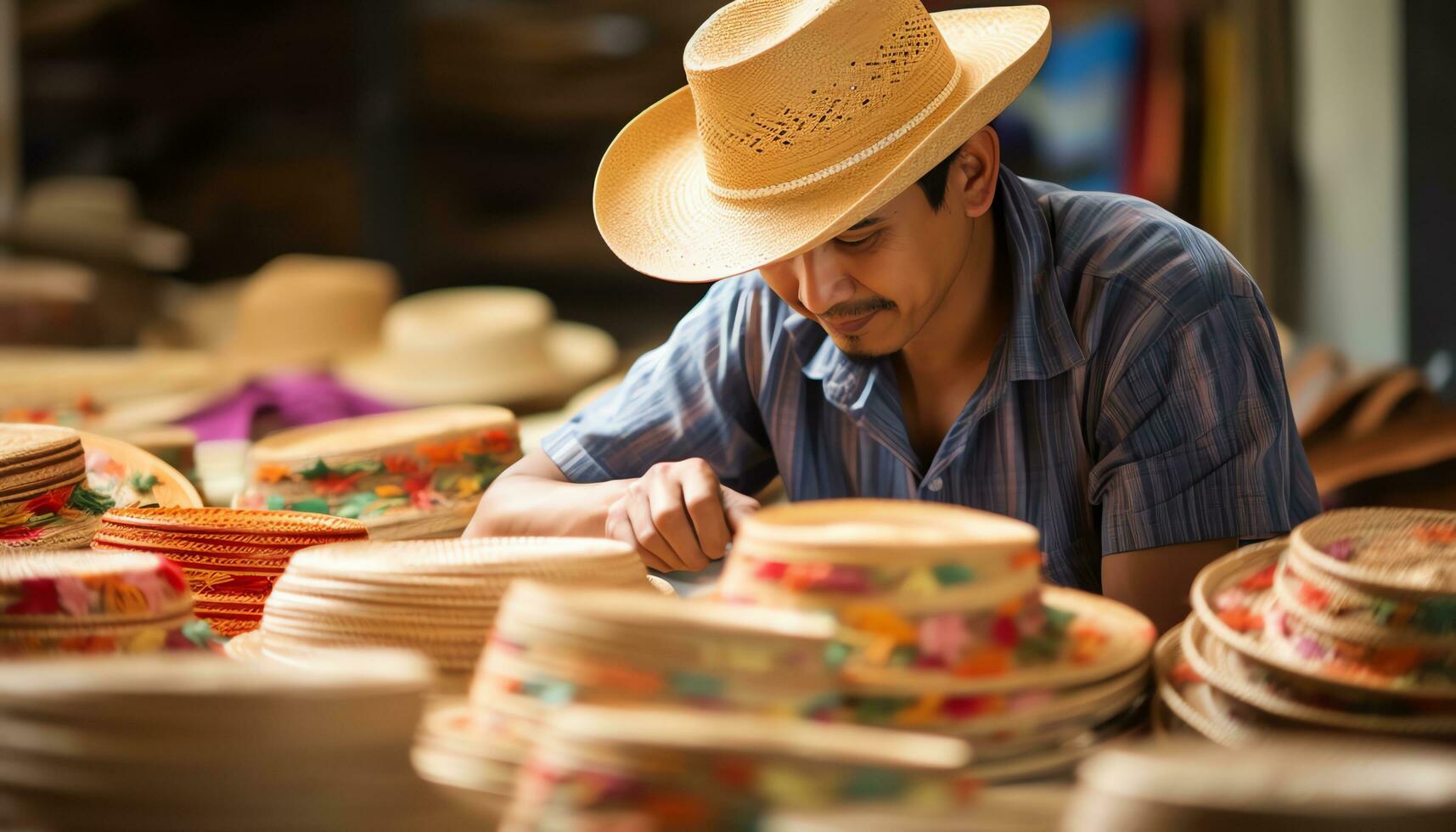 un antiguo hombre en un sombrero es trabajando en un cuerda de hilo ai generado foto