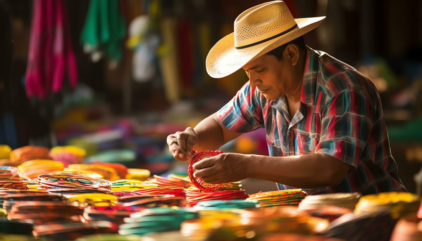 an old man in a hat is working on a string of yarn Ai Generated photo