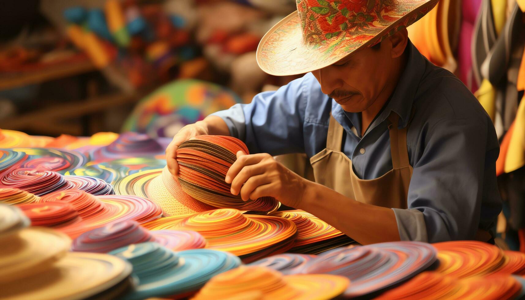 un antiguo hombre en un sombrero es trabajando en un cuerda de hilo ai generado foto