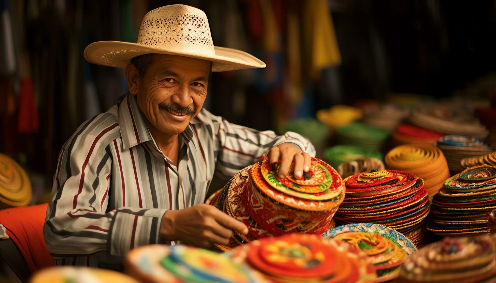 an old man in a hat is working on a string of yarn Ai Generated photo