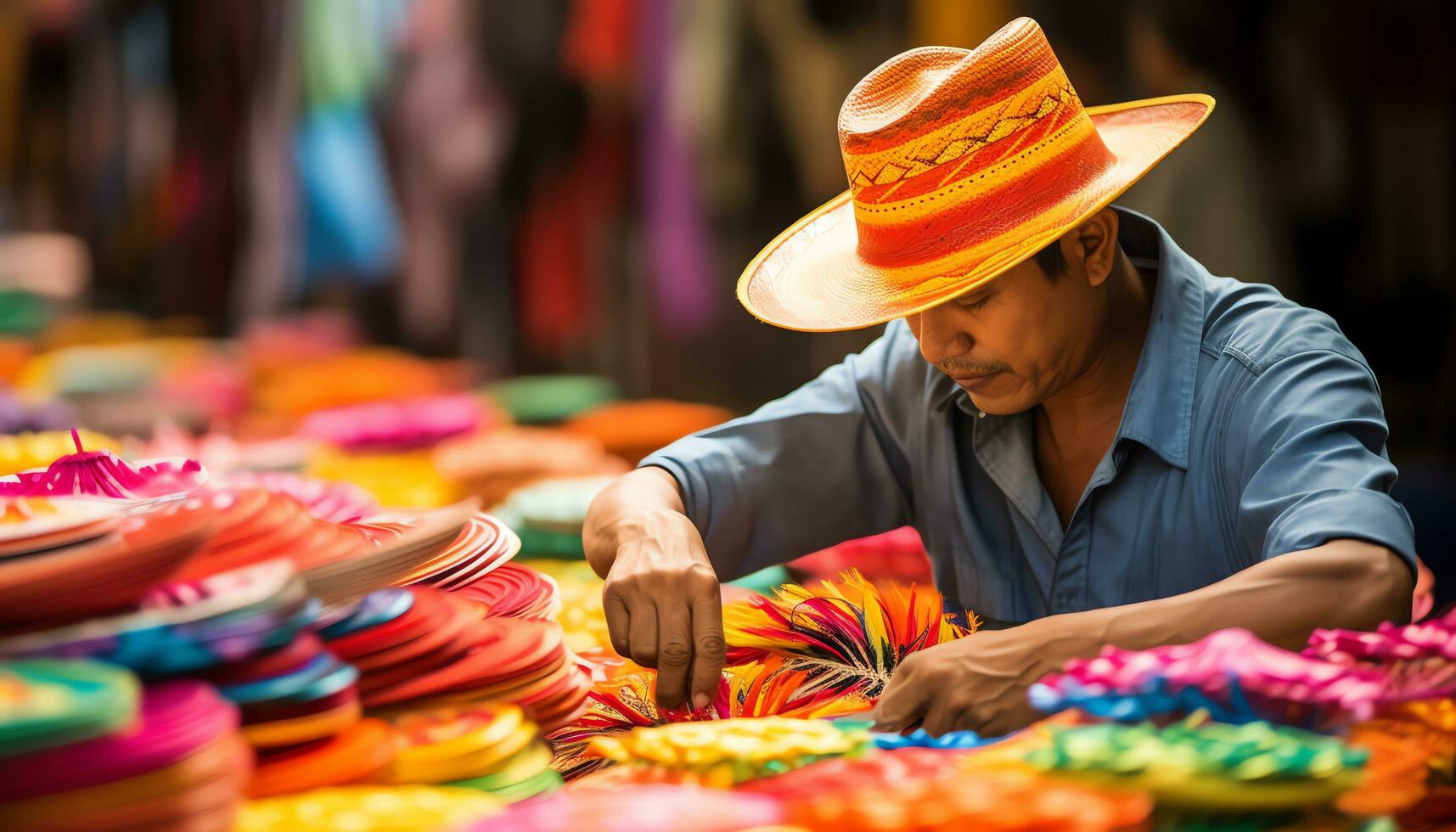 an old man in a hat is working on a string of yarn Ai Generated photo