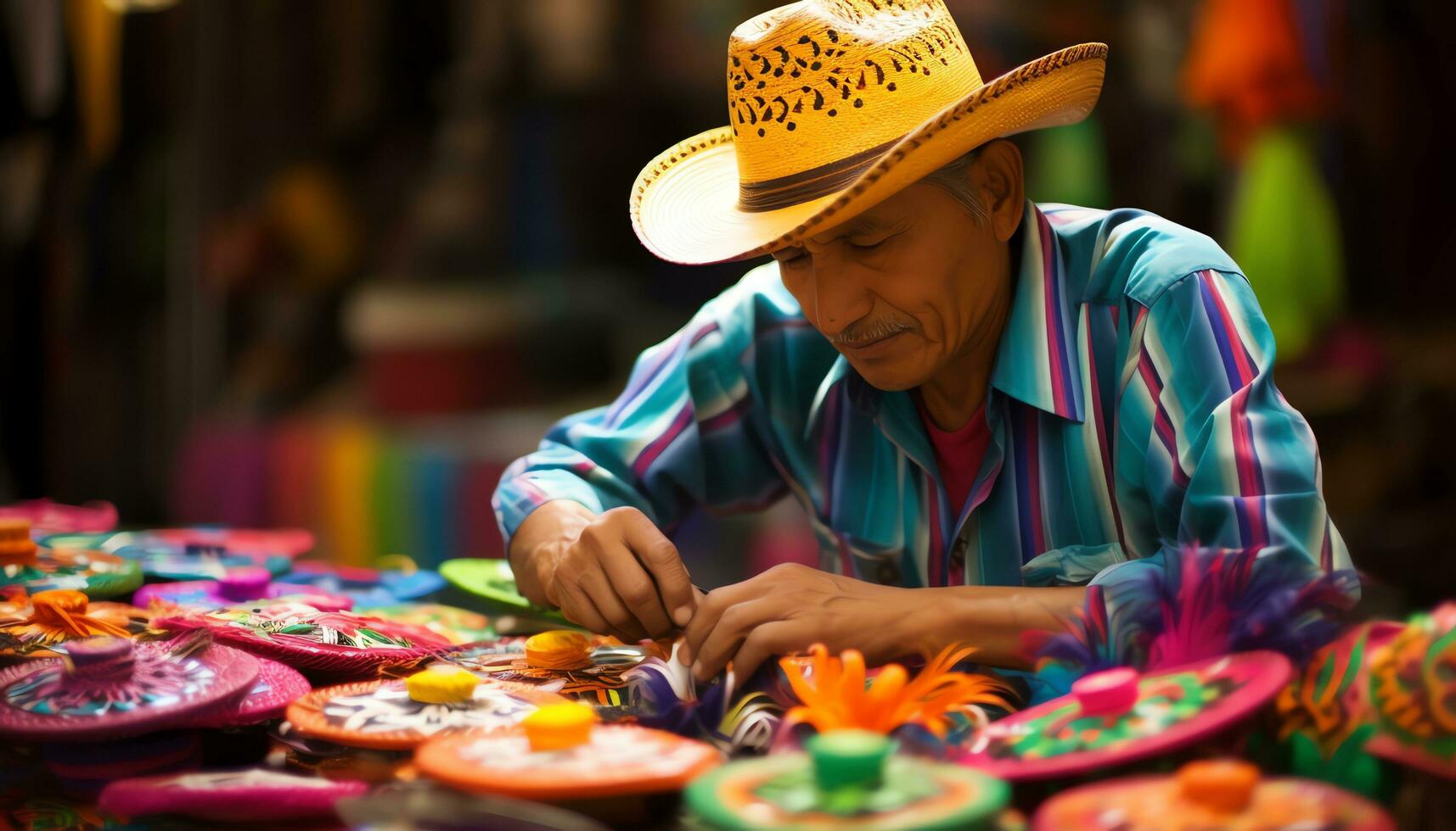 un hombre en un vistoso sombrero es trabajando en un sombrero ai generado foto