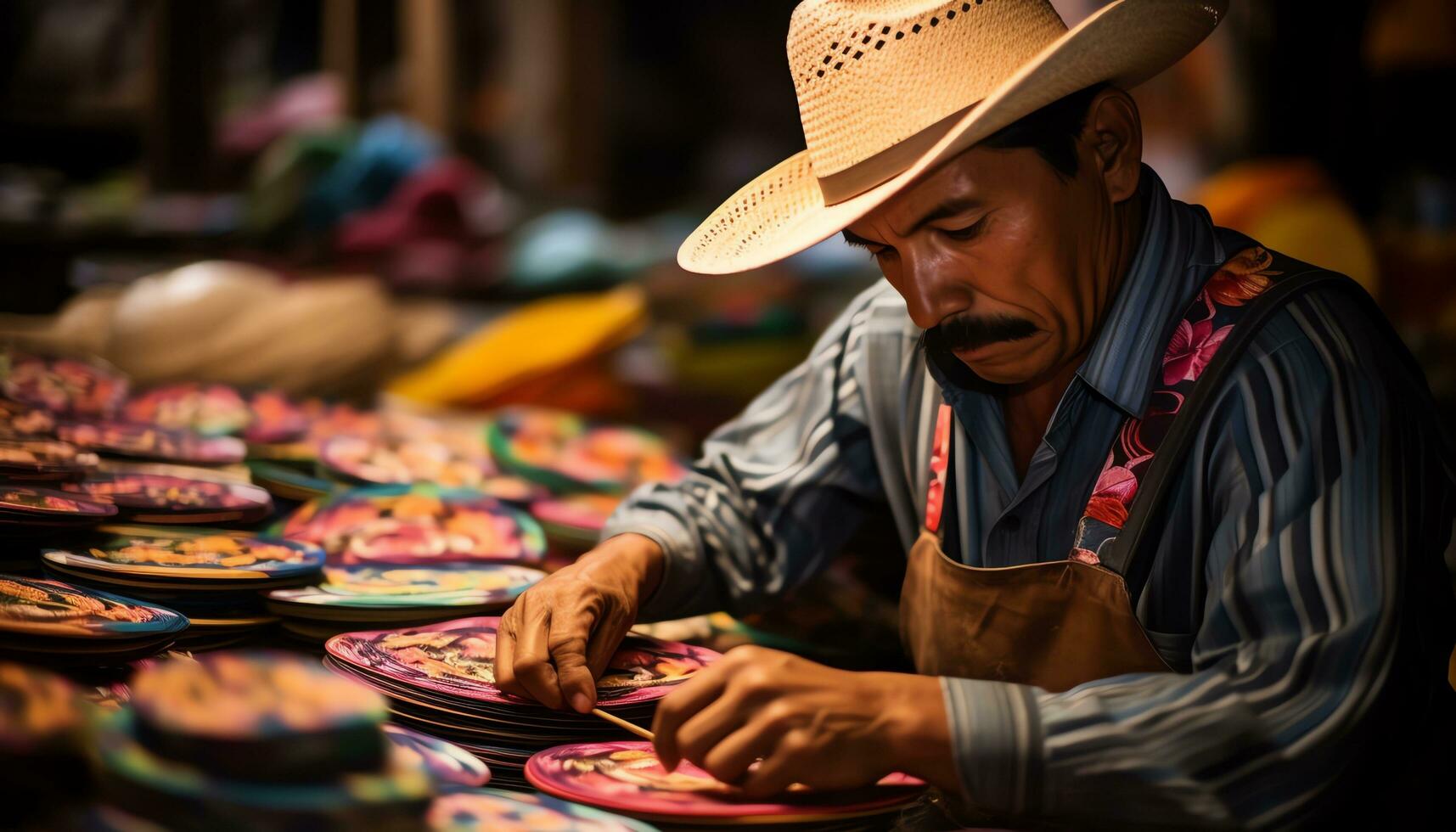 un hombre en un vistoso sombrero es trabajando en un sombrero ai generado foto