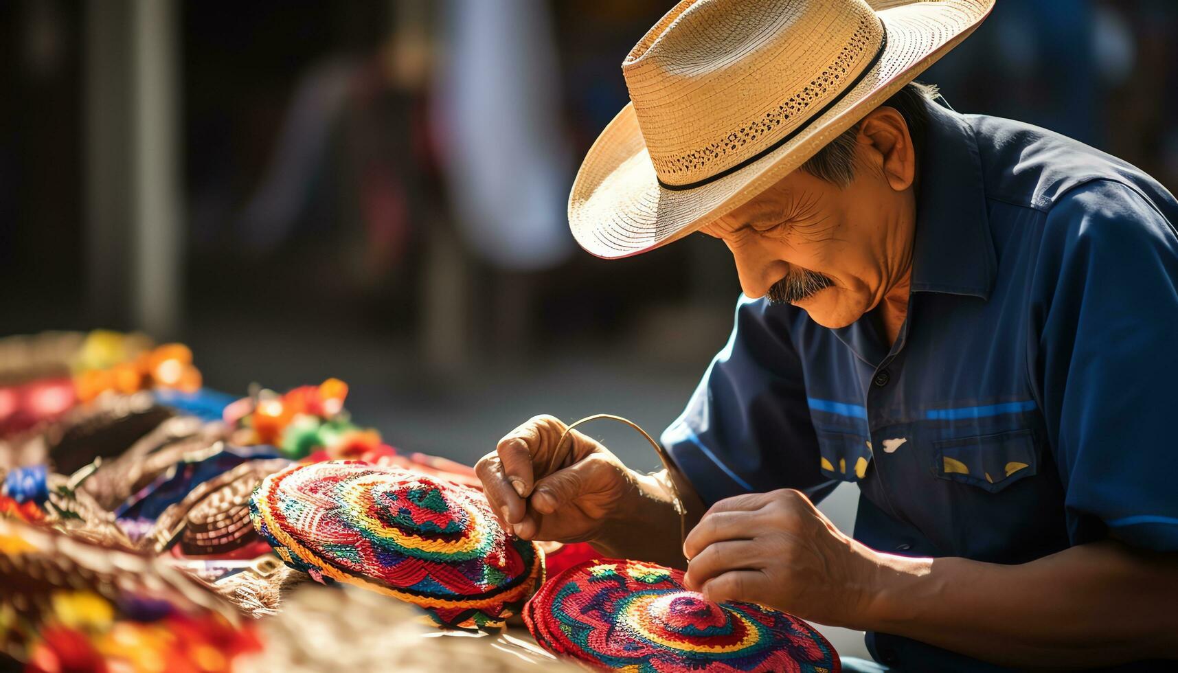 un antiguo hombre en un sombrero es trabajando en un cuerda de hilo ai generado foto