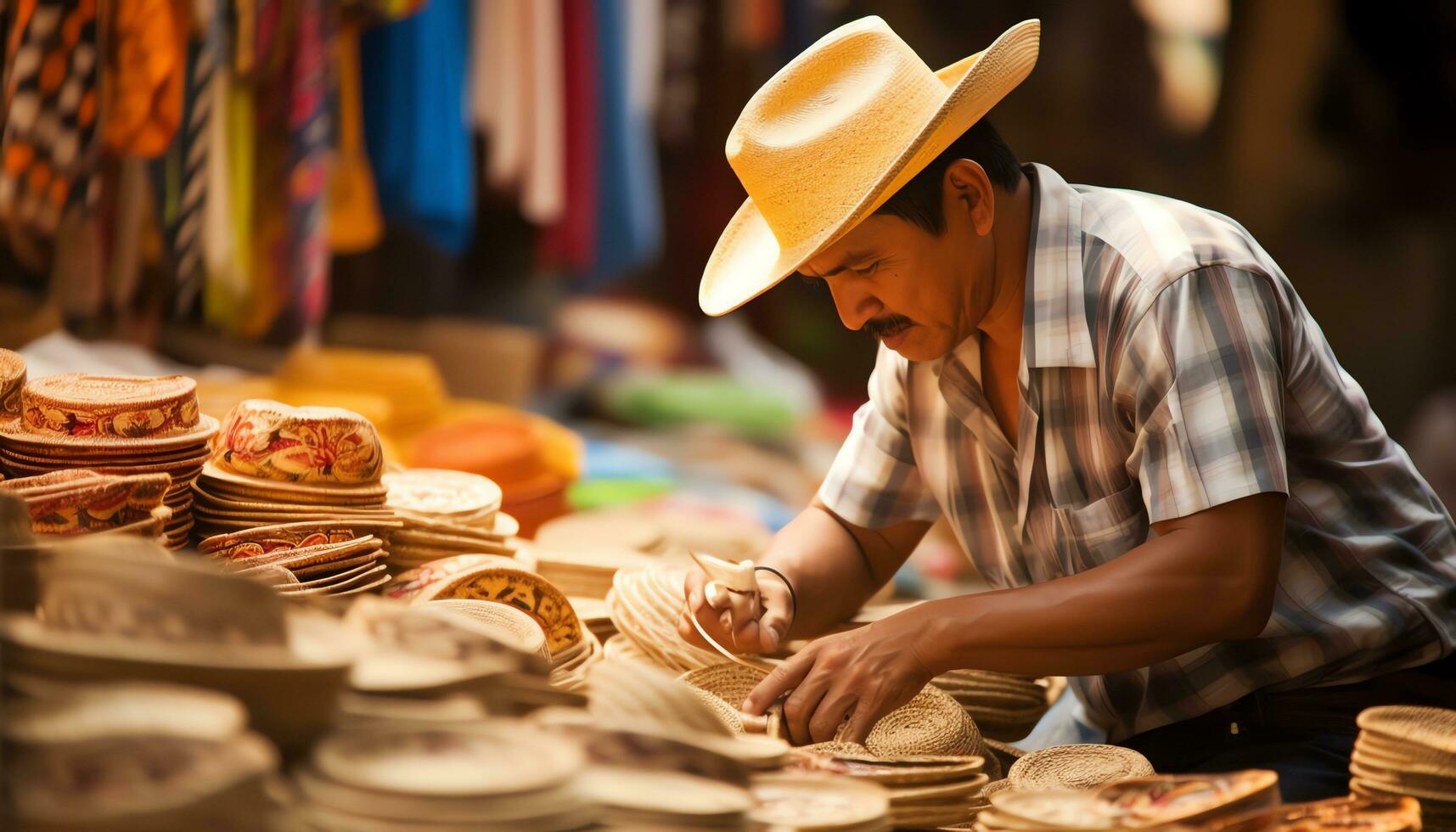 an old man in a hat is working on a string of yarn Ai Generated photo