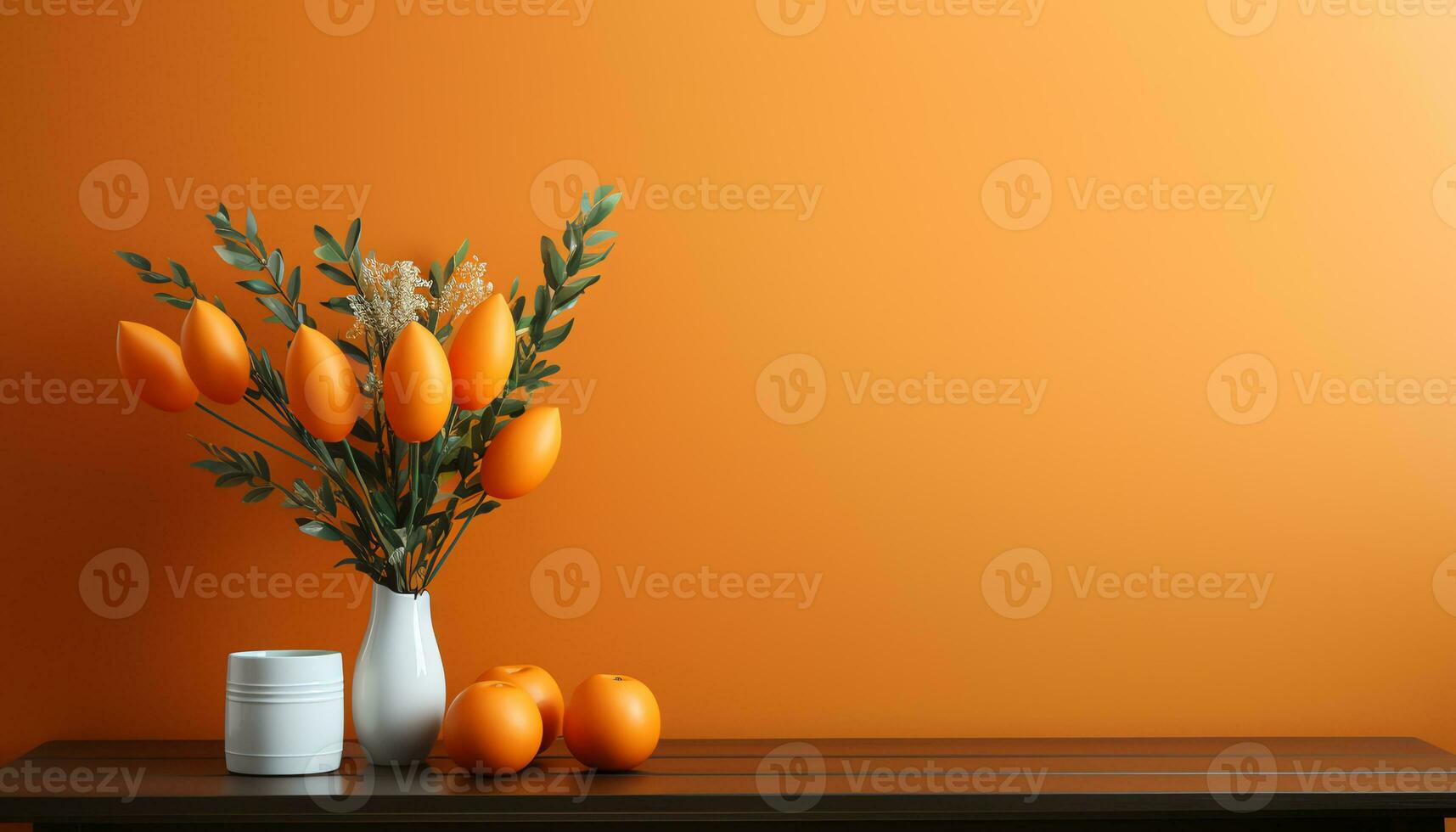 a vase with some dried plants and oranges on a table AI Generated photo