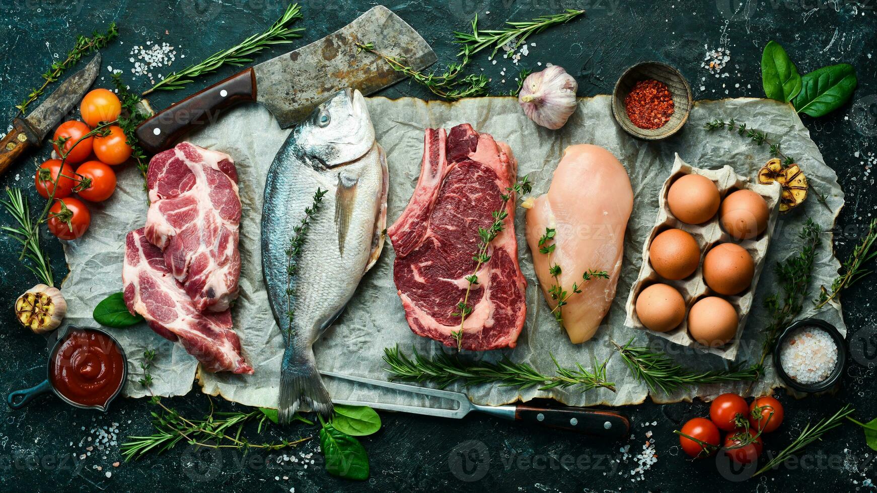 Various protein sources concept - rib eye, salmon steak, pork, egg. Top view. On a black stone background. photo