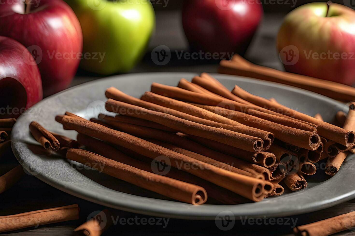 Apple and cinnamon sticks for autumn vibes by AI Generative photo