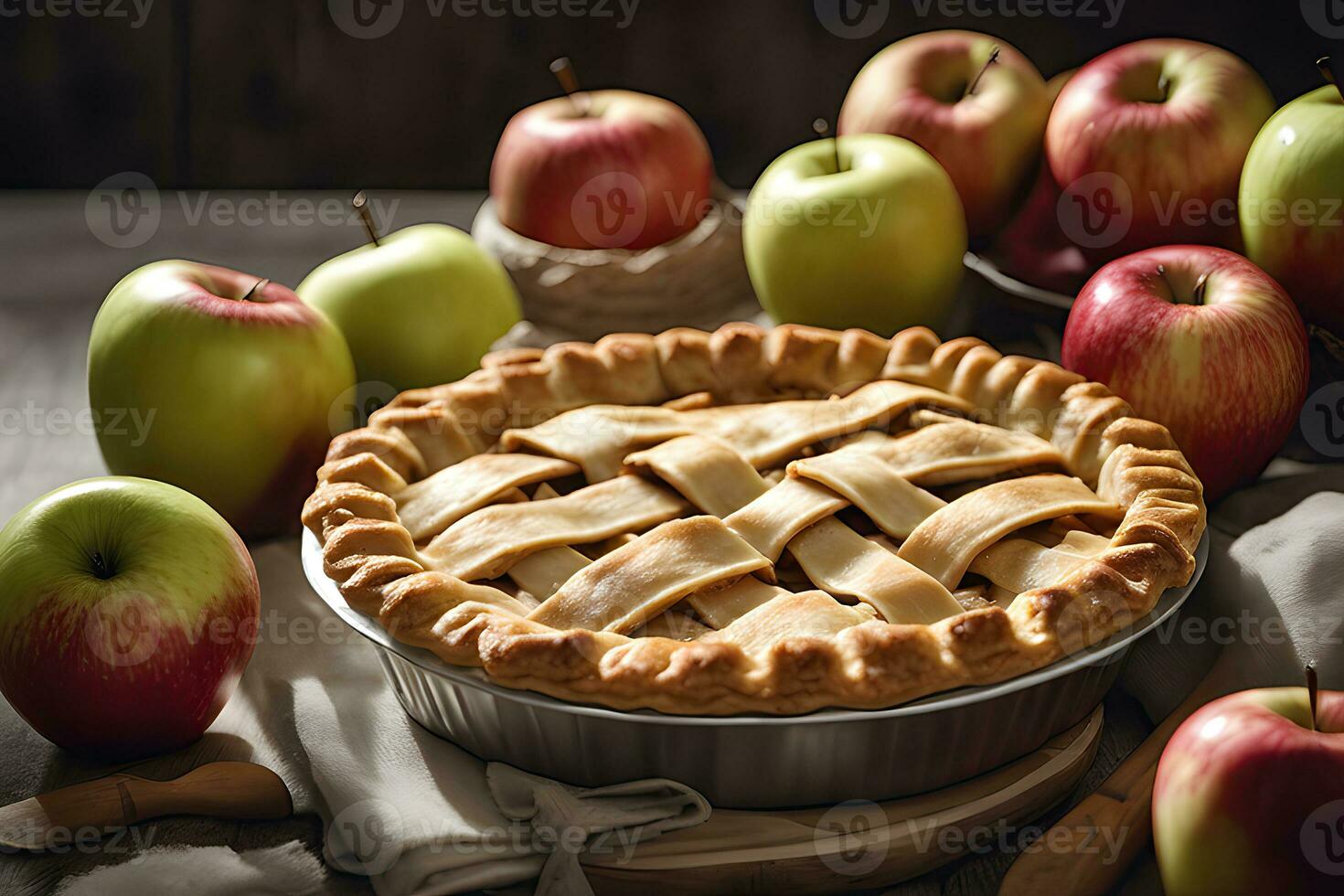 Tasty homemade apple pie on wooden background by AI Generative photo