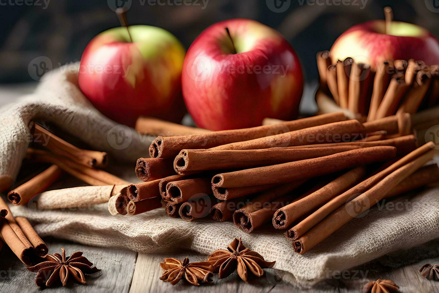 Apple and cinnamon sticks for autumn vibes by AI Generative photo