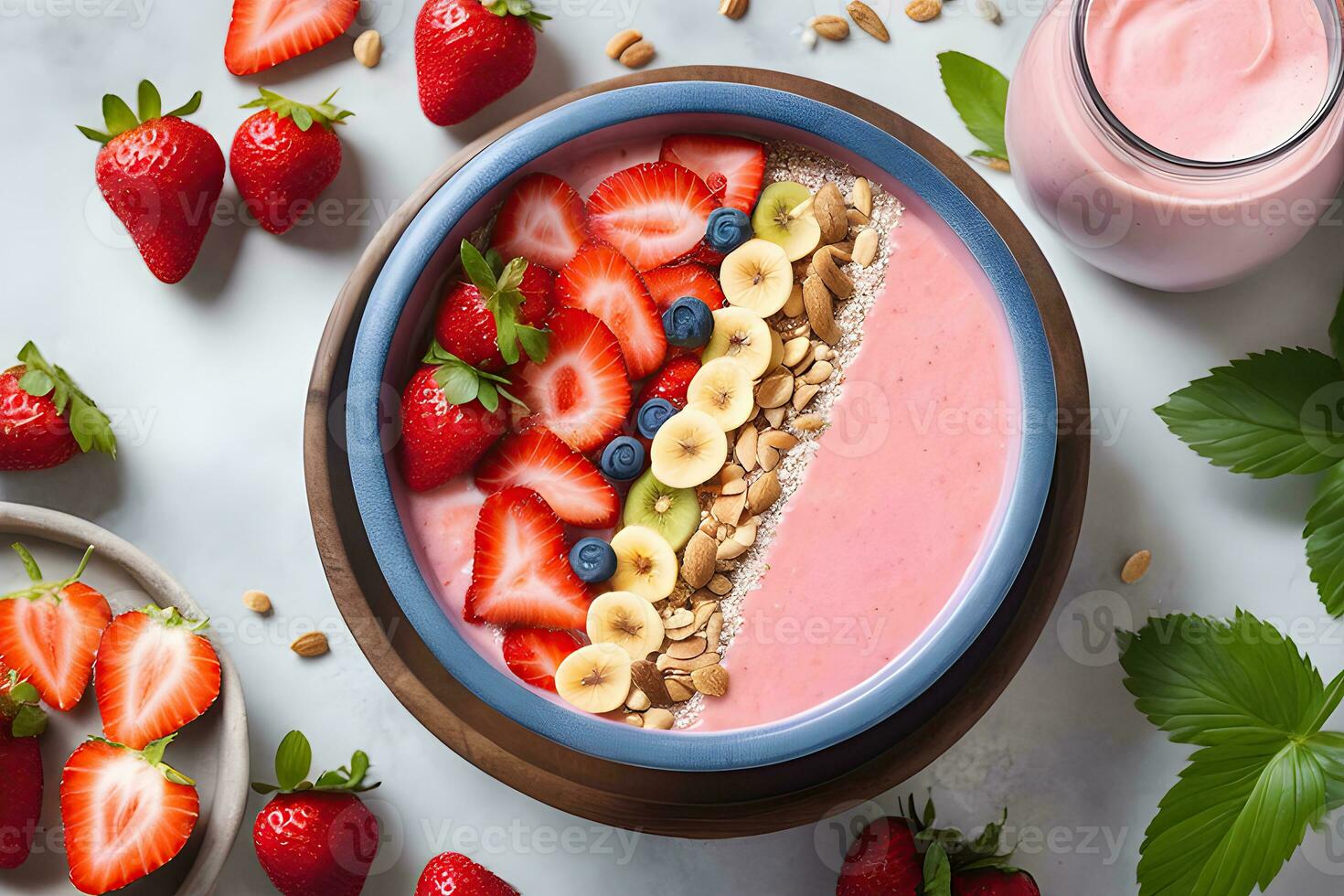 Strawberry smoothie bowl with toppings by AI Generative photo