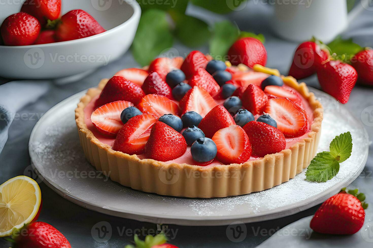 Strawberry pie cake lemon tart by AI Generative photo