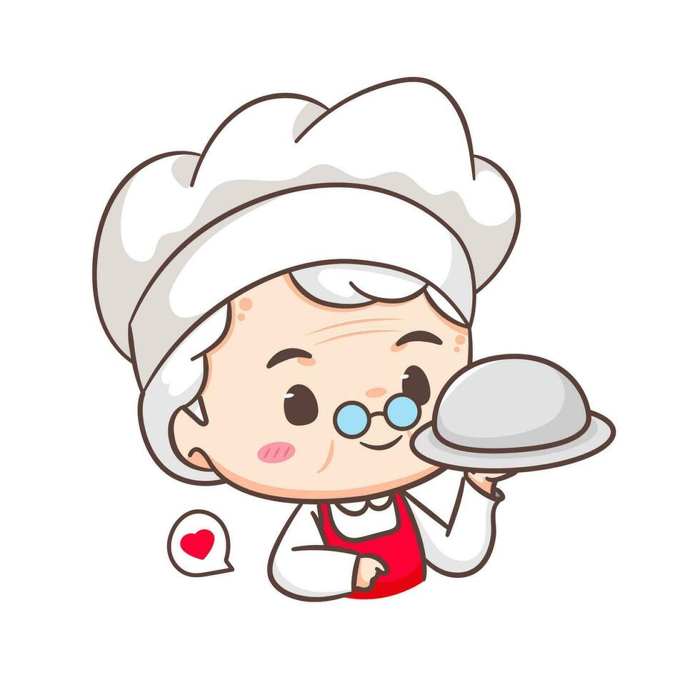 Cute grandmother chef cartoon. Grandma cooking logo vector art. People Food Icon Concept. restaurant and homemade culinary logo