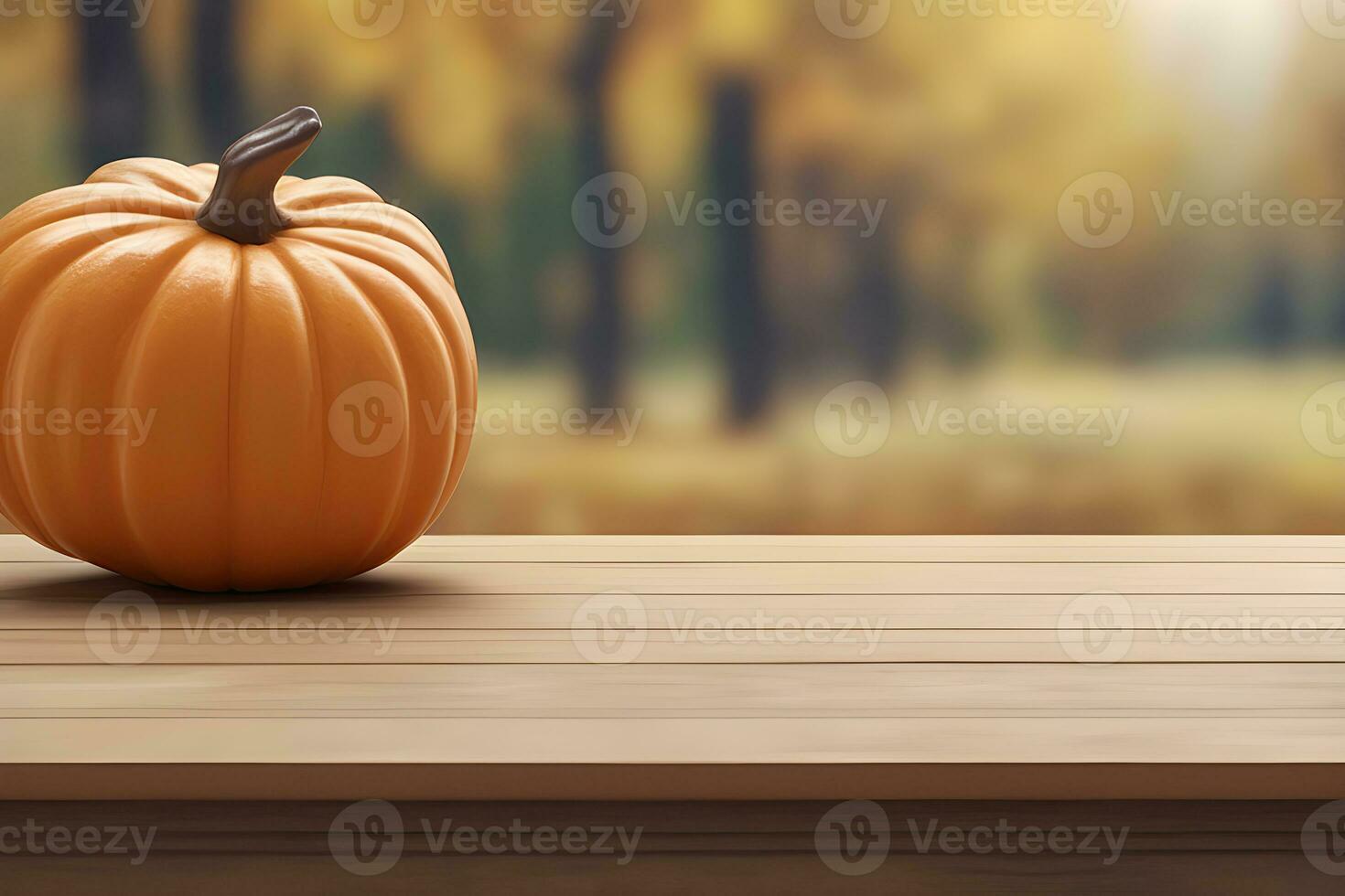 Wood table product presentation with blurred fall background by Ai Generative photo