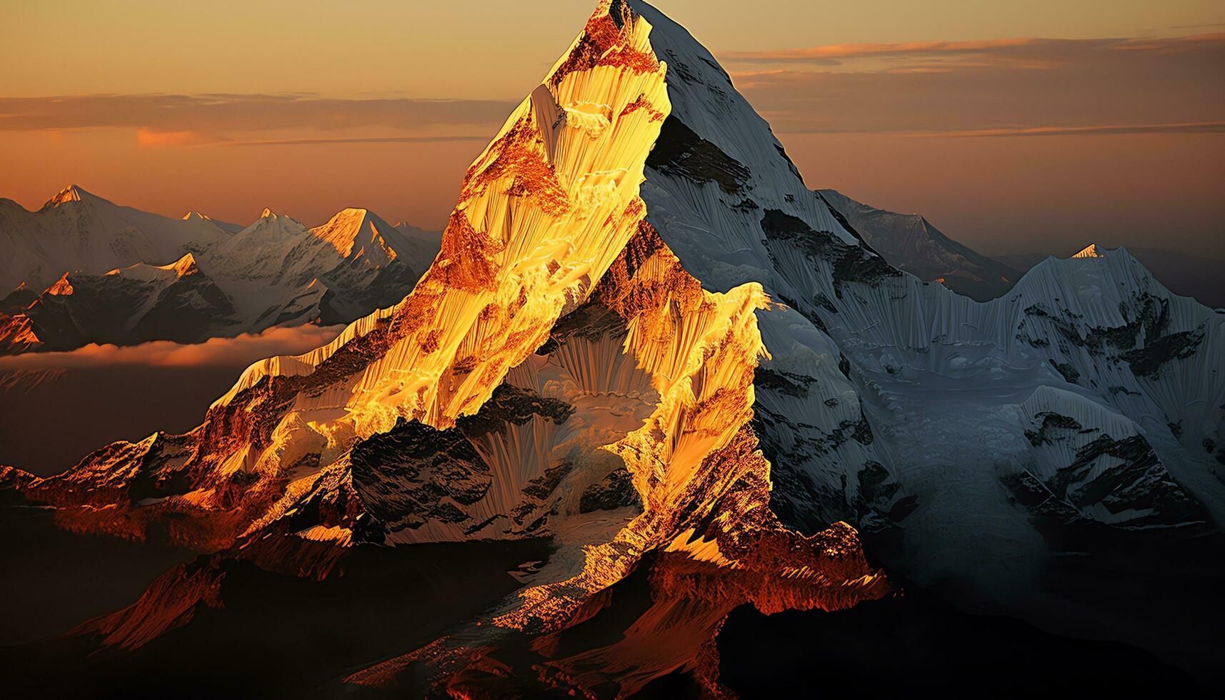 un montaña pico con naranja nubes y un puesta de sol ai generado foto