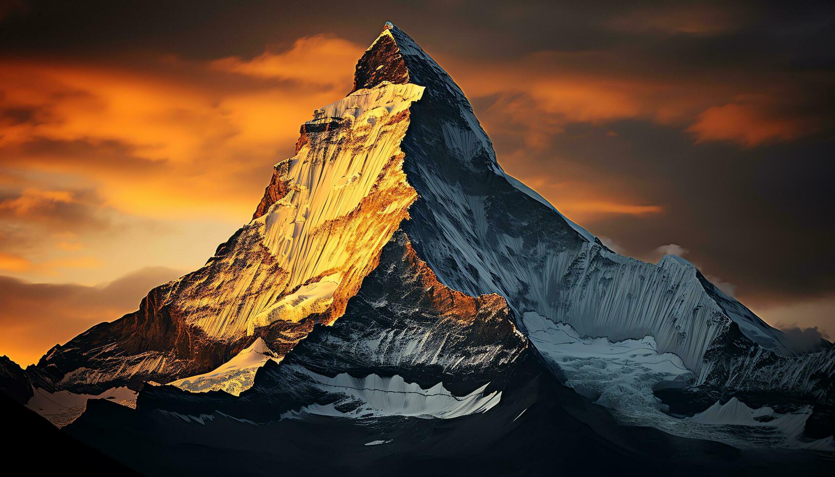 a mountain peak with orange clouds and a sunset ai generated photo