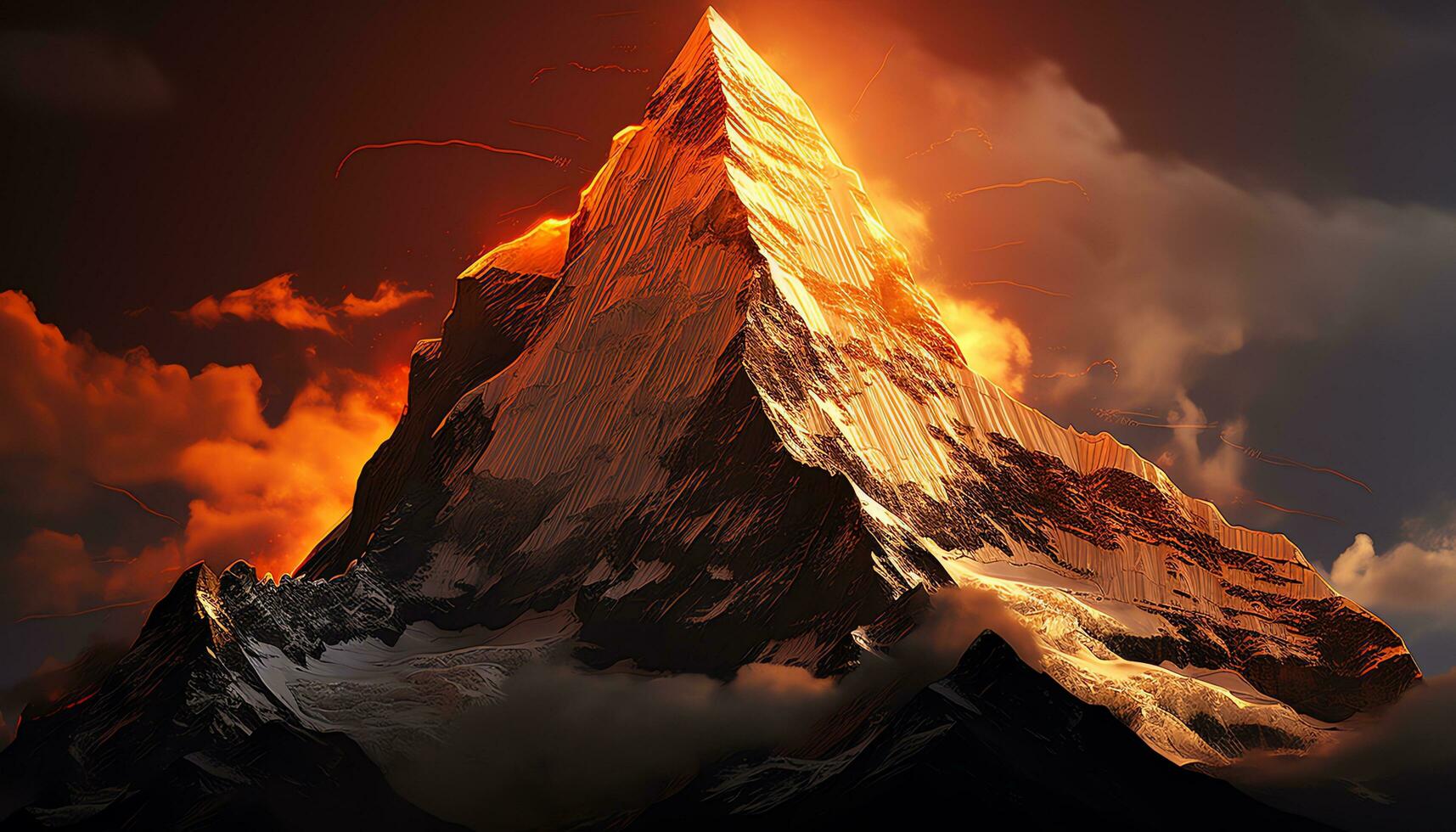 a mountain peak with orange clouds and a sunset ai generated photo
