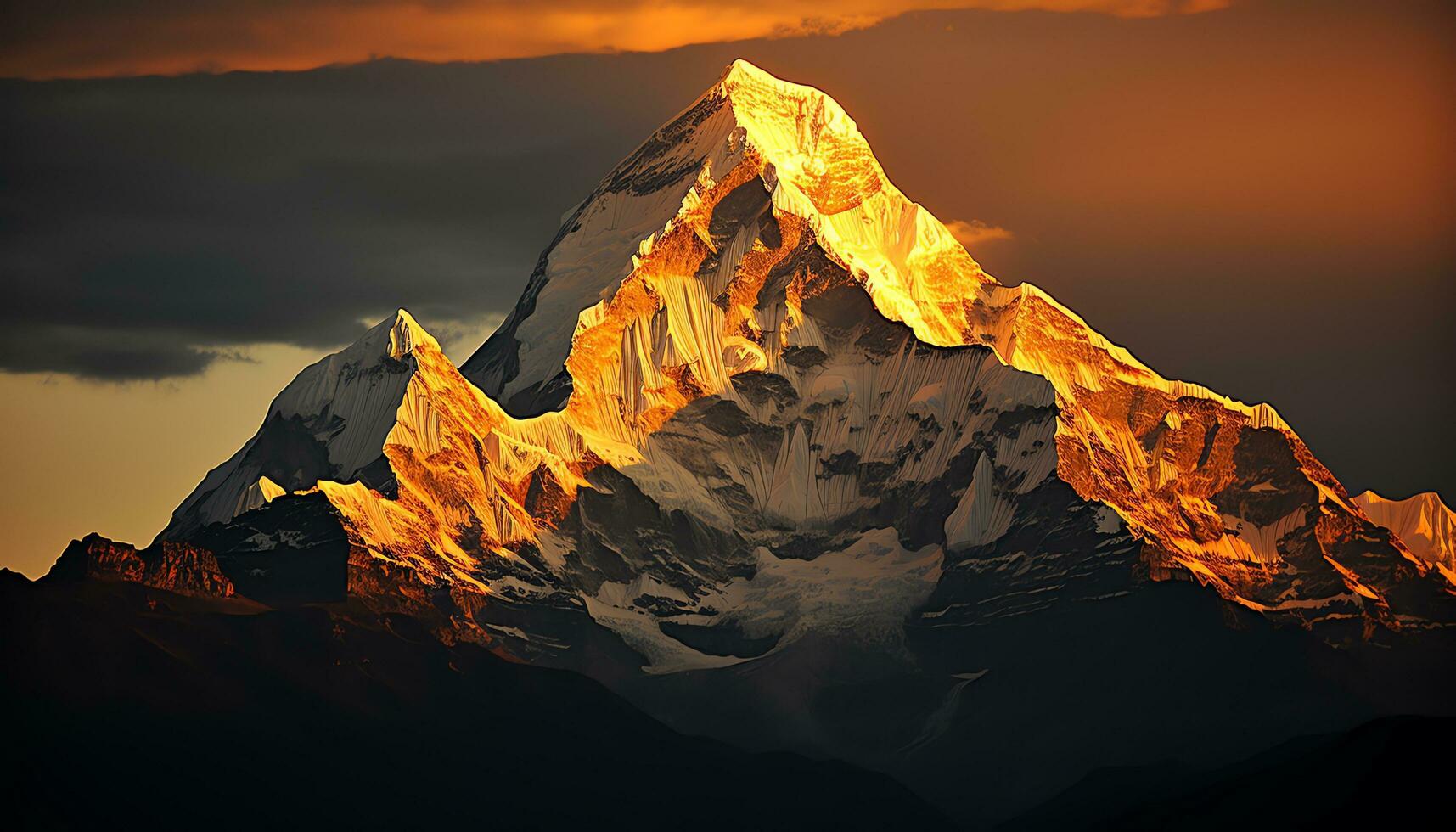 a mountain peak with orange clouds and a sunset ai generated photo