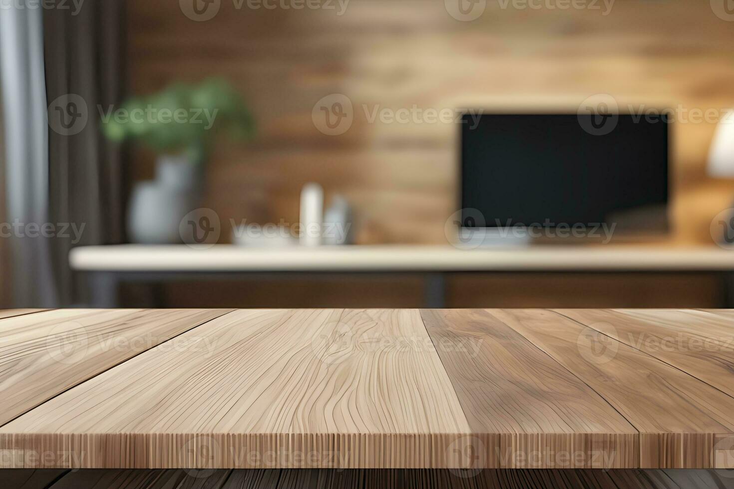 Wood table product presentation with interior background by Ai Generative photo