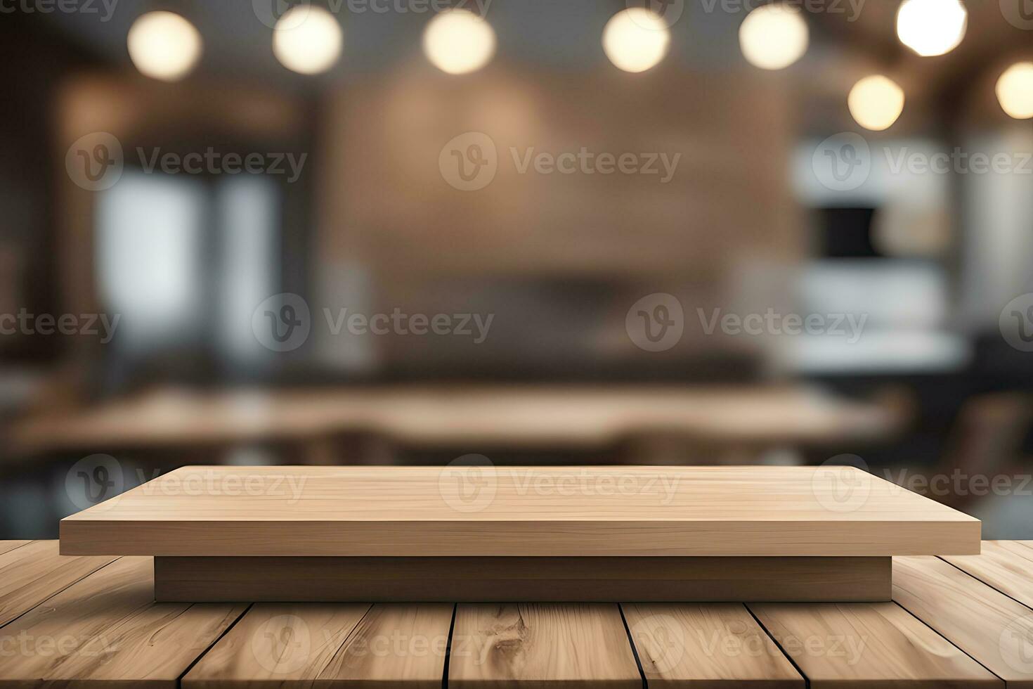 Wood table product presentation with interior background by Ai Generative photo