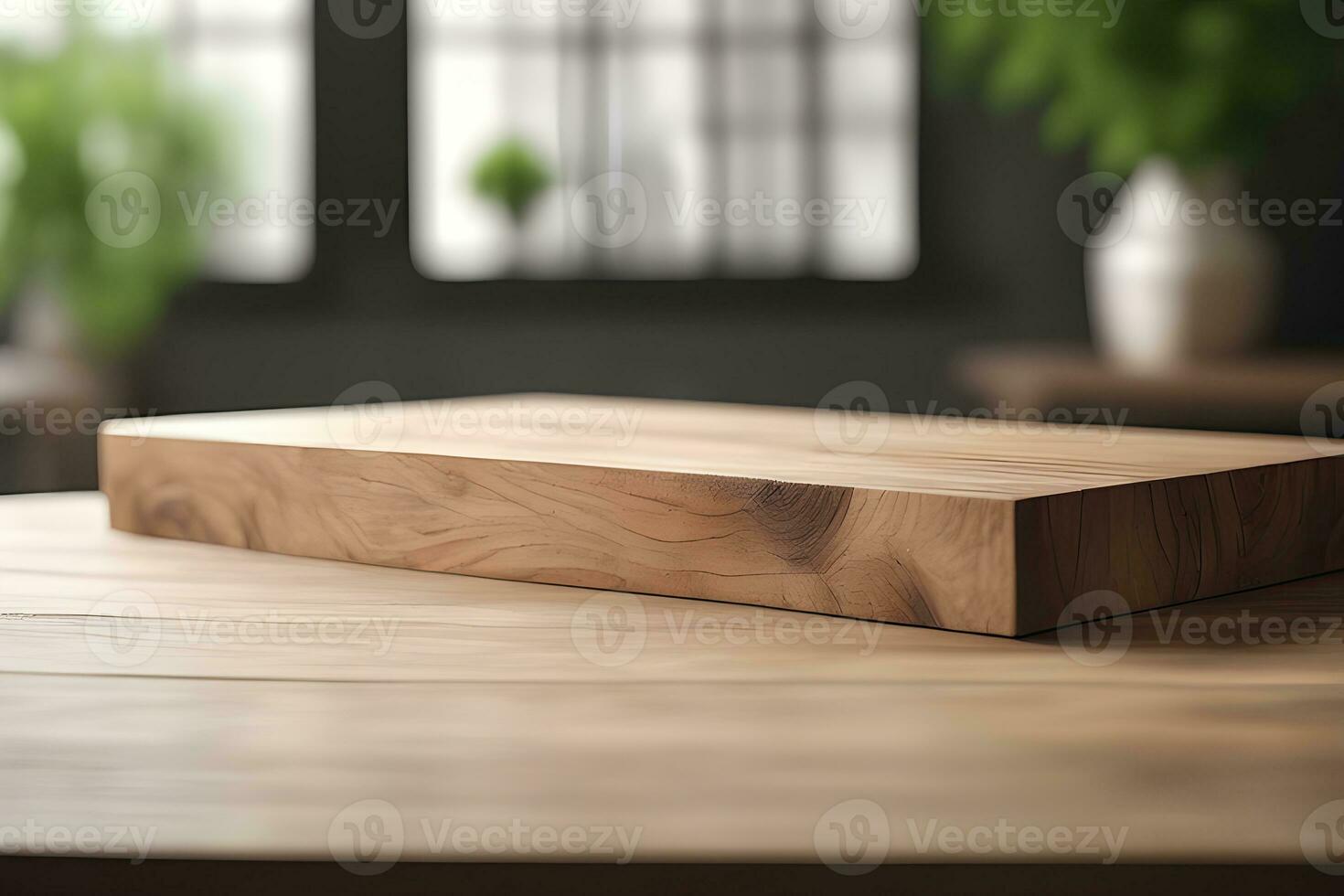 Wood table product presentation with interior background by Ai Generative photo