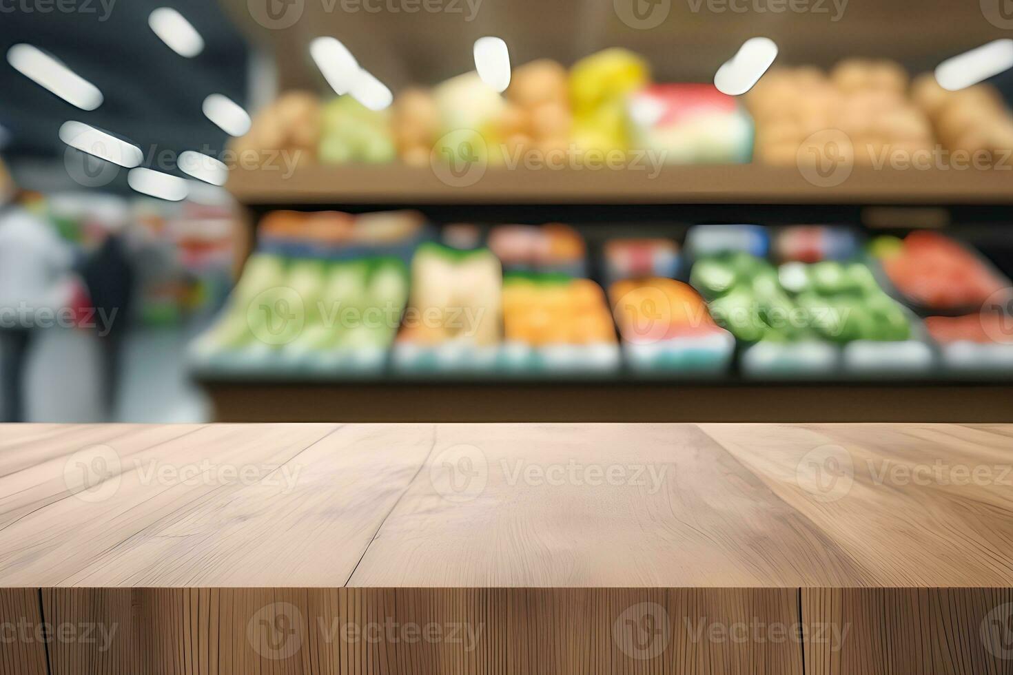 Wood table product presentation with market background by Ai Generative photo