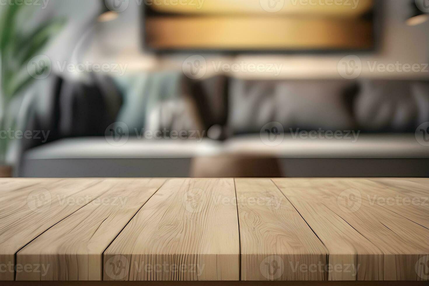 Wood table product presentation with interior background by Ai Generative photo