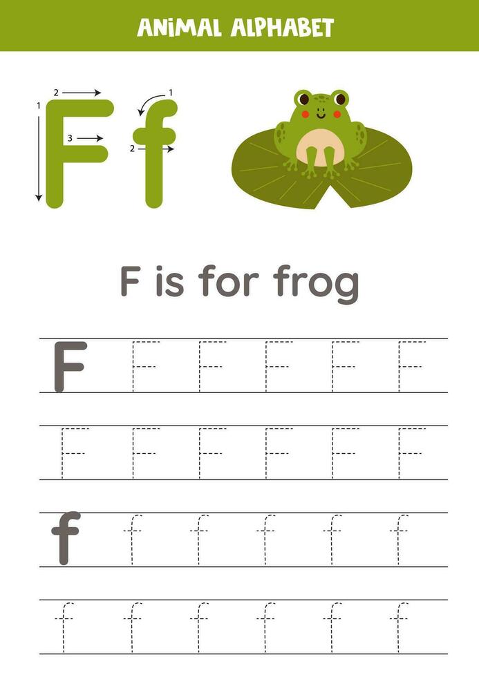 Tracing alphabet letters for kids. Animal alphabet. F is for frog. vector