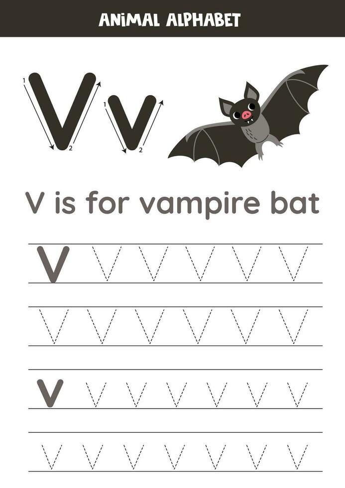 rastreo alfabeto letras para niños. animal alfabeto. v es para vampiro murciélago. vector