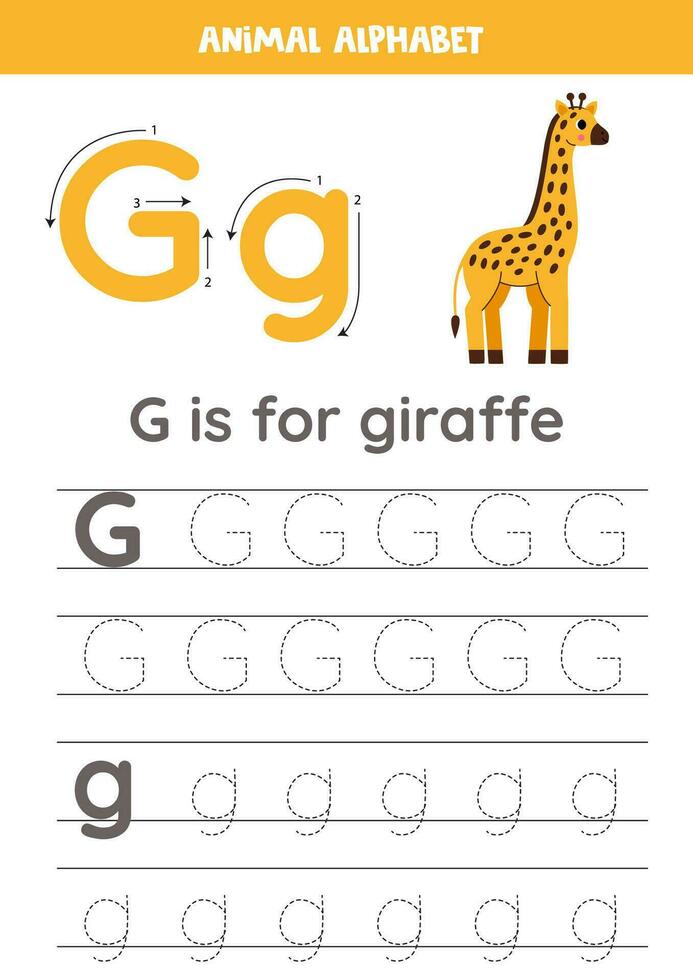 Tracing alphabet letters for kids. Animal alphabet. G is for giraffe. vector