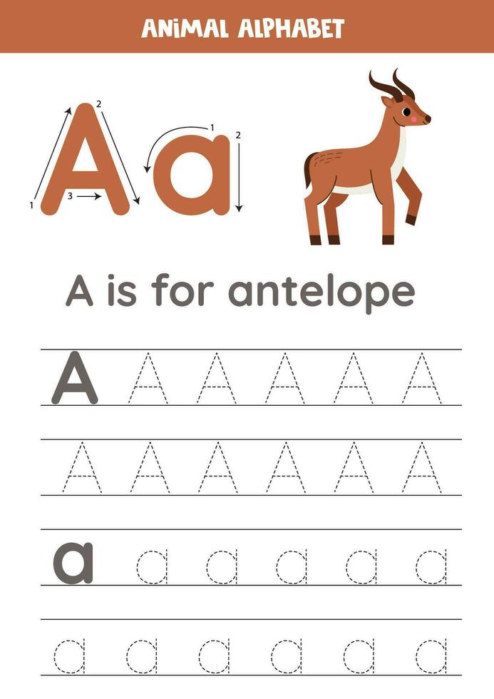 rastreo alfabeto letras para niños. animal alfabeto. un es para antílope. vector