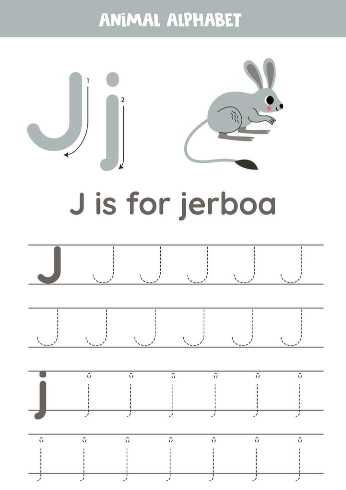 Tracing alphabet letters for kids. Animal alphabet. J is for jerboa. vector