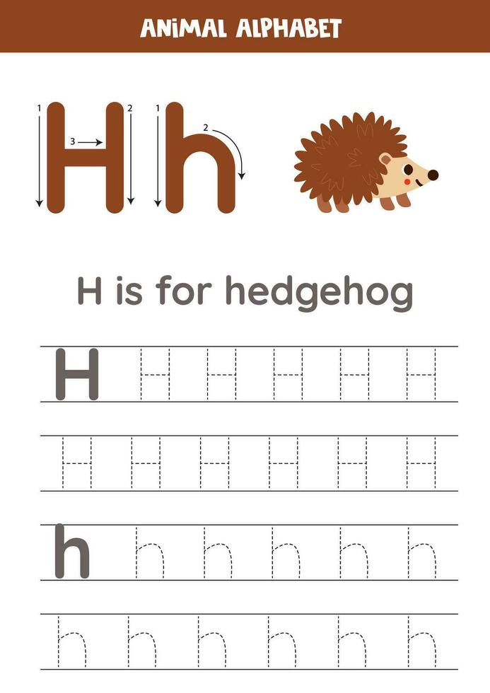 Tracing alphabet letters for kids. Animal alphabet. H is for hedgehog. vector