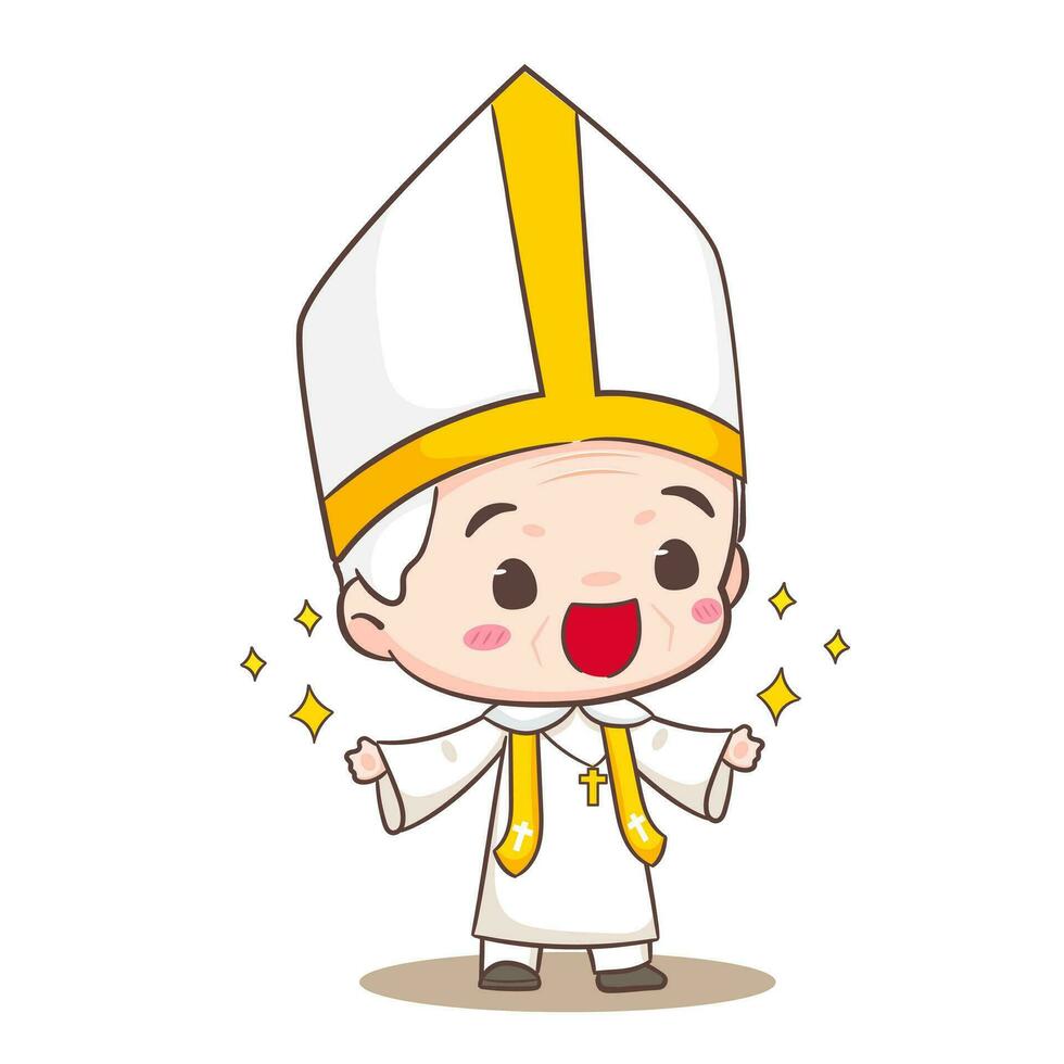 Cute Pope cartoon character. Happy smiling catholic priest mascot character. Christian religion concept design. Isolated white background. vector art illustration.