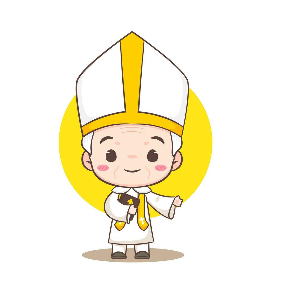 Cute Pope cartoon character. Happy smiling catholic priest mascot character. Christian religion concept design. Isolated white background. vector art illustration.