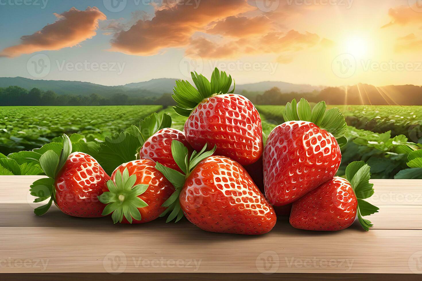 Pile of Strawberries on Table with Strawberry Field Background by Ai Generative photo