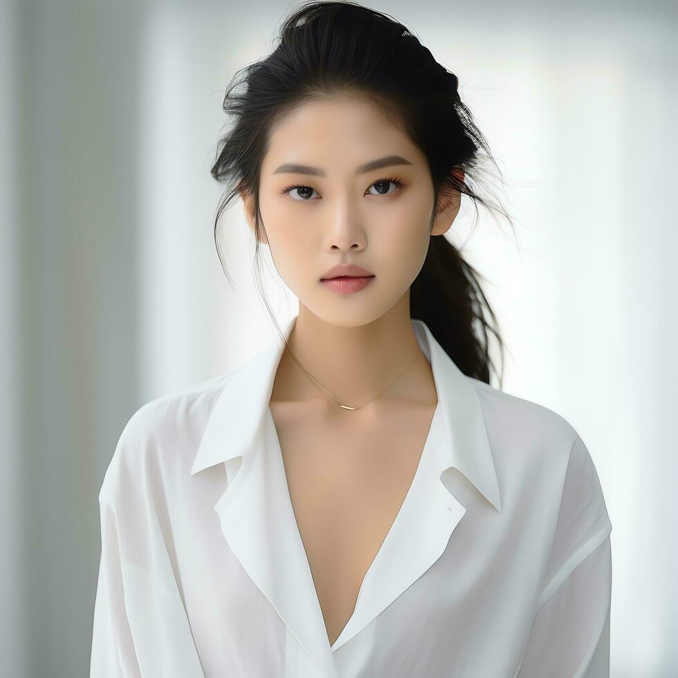 beautiful asian woman in white dress ai generated photo