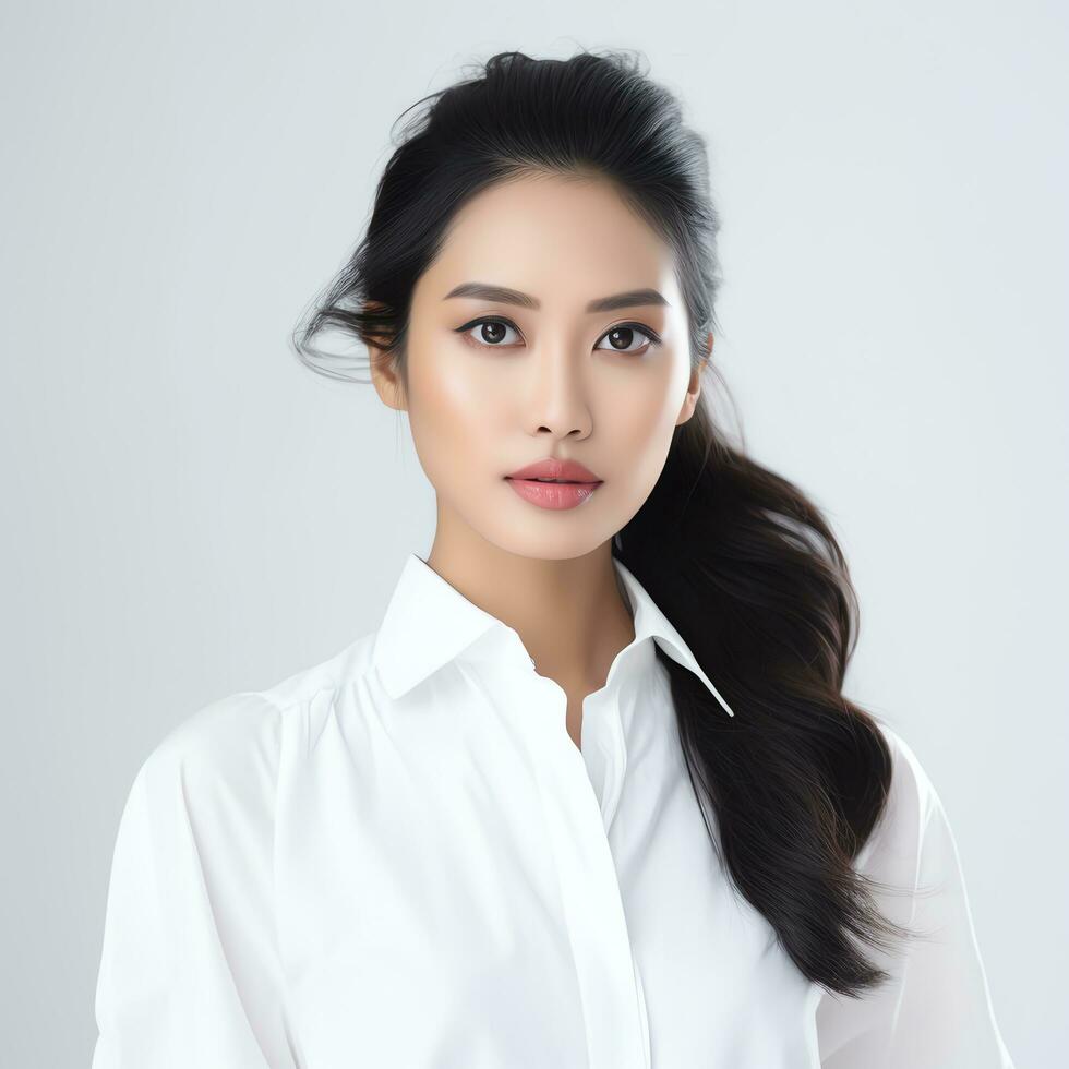 a woman wearing a white blouse and black pants ai generated photo