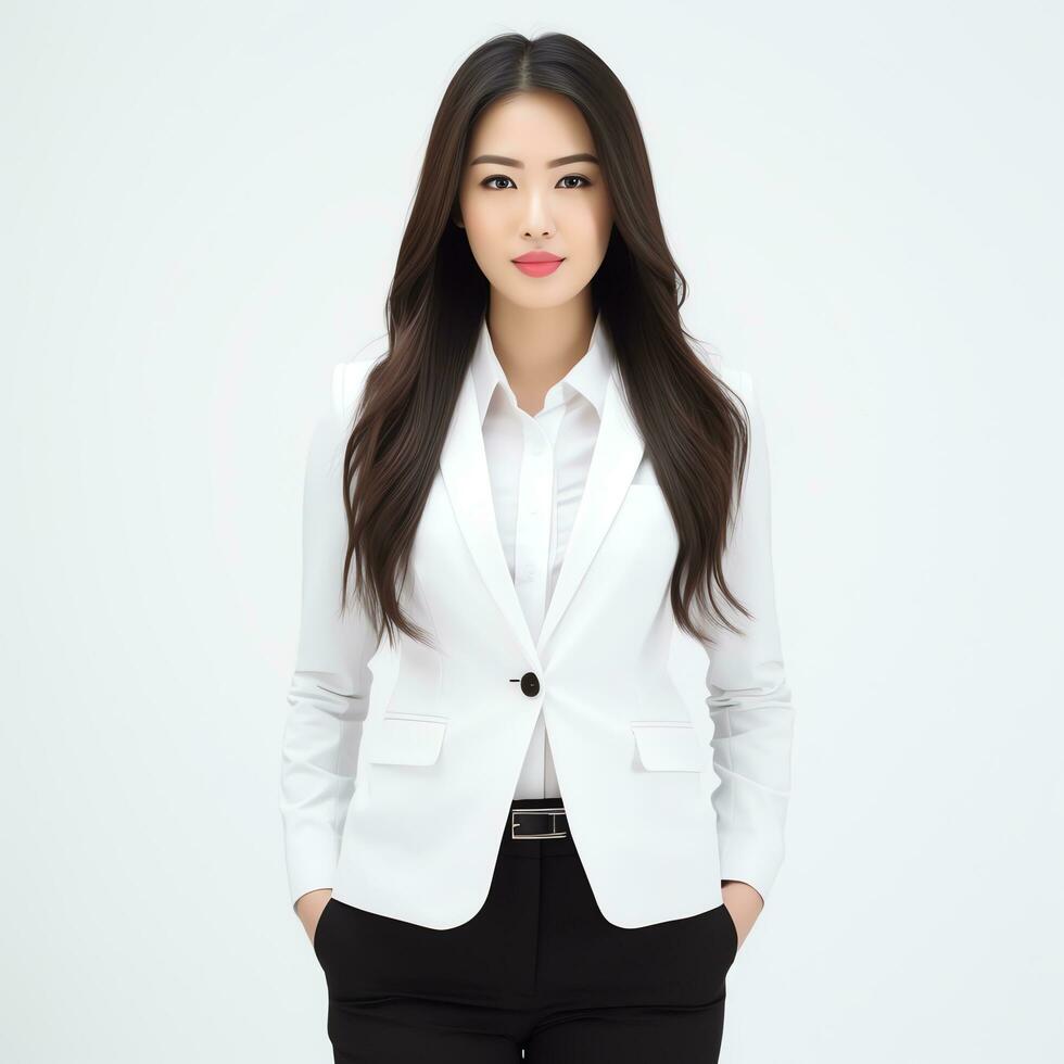 beautiful asian woman in white suit sitting on chair ai generated photo