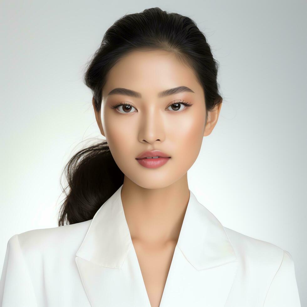 beautiful asian woman in white suit sitting on chair ai generated photo