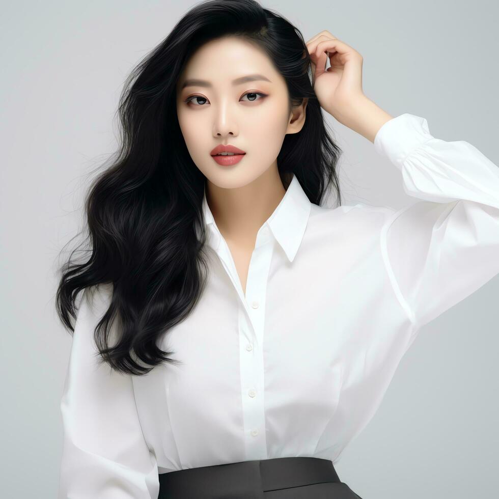 a woman wearing a white blouse and black pants ai generated photo