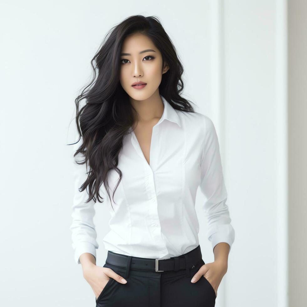 a woman wearing a white blouse and black pants ai generated photo
