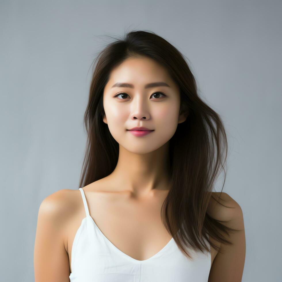 beautiful asian woman in white suit sitting on chair ai generated photo