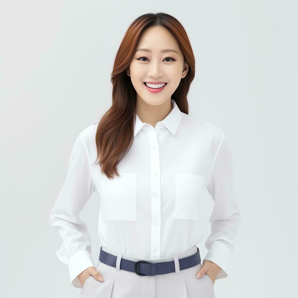 beautiful asian woman in white suit sitting on chair ai generated photo